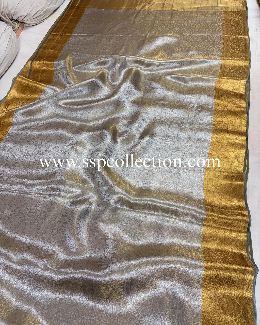 Grey Pure Molten Tissue Silk Brocade Banarasi Saree