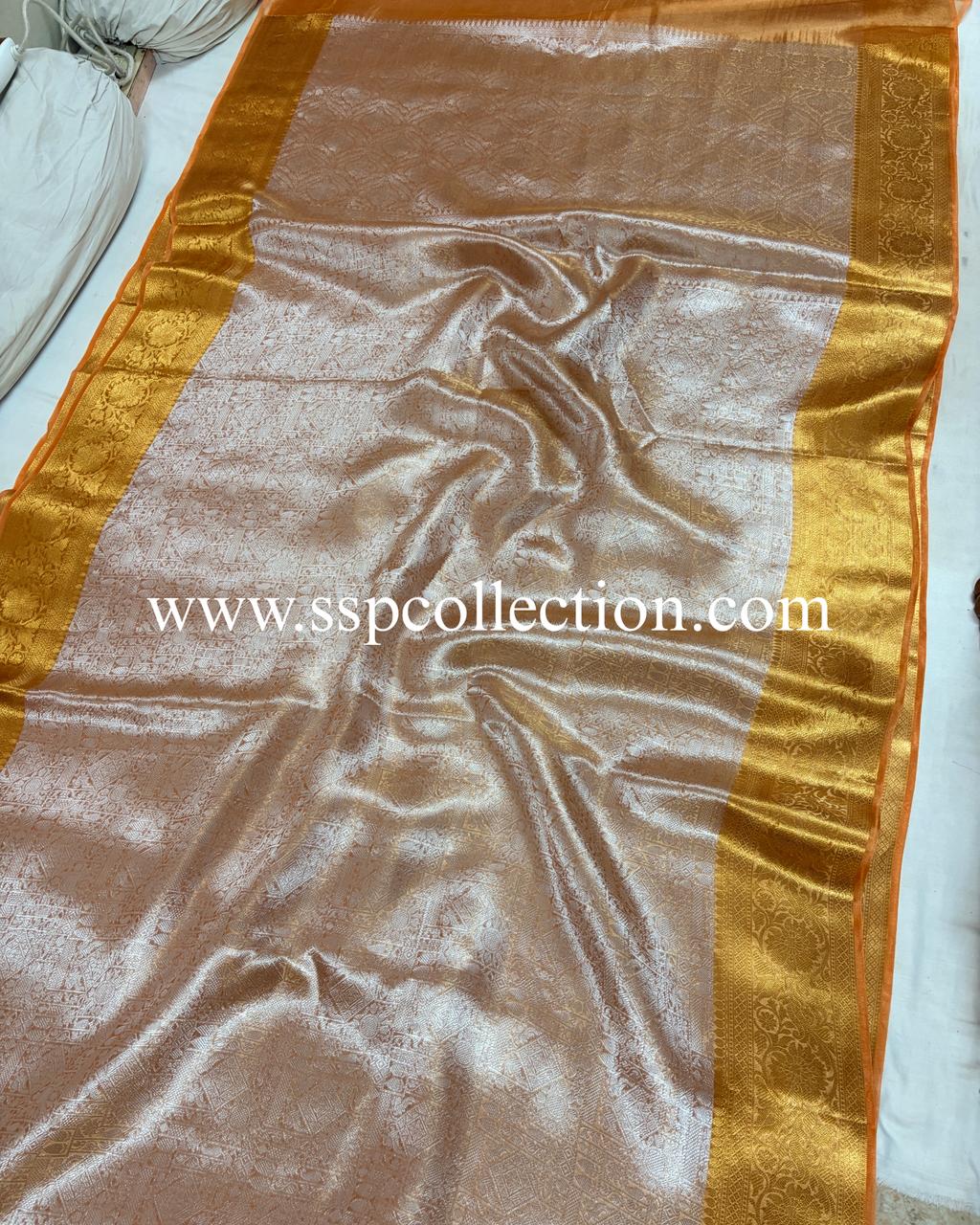 Cosmic-Orange Pure Molten Tissue Silk Brocade Banarasi Saree