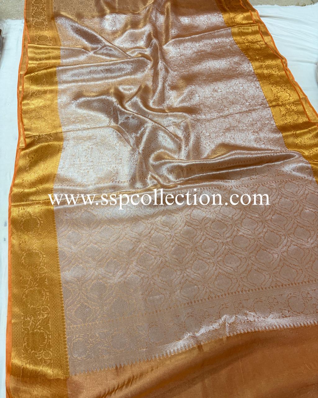Cosmic-Orange Pure Molten Tissue Silk Brocade Banarasi Saree