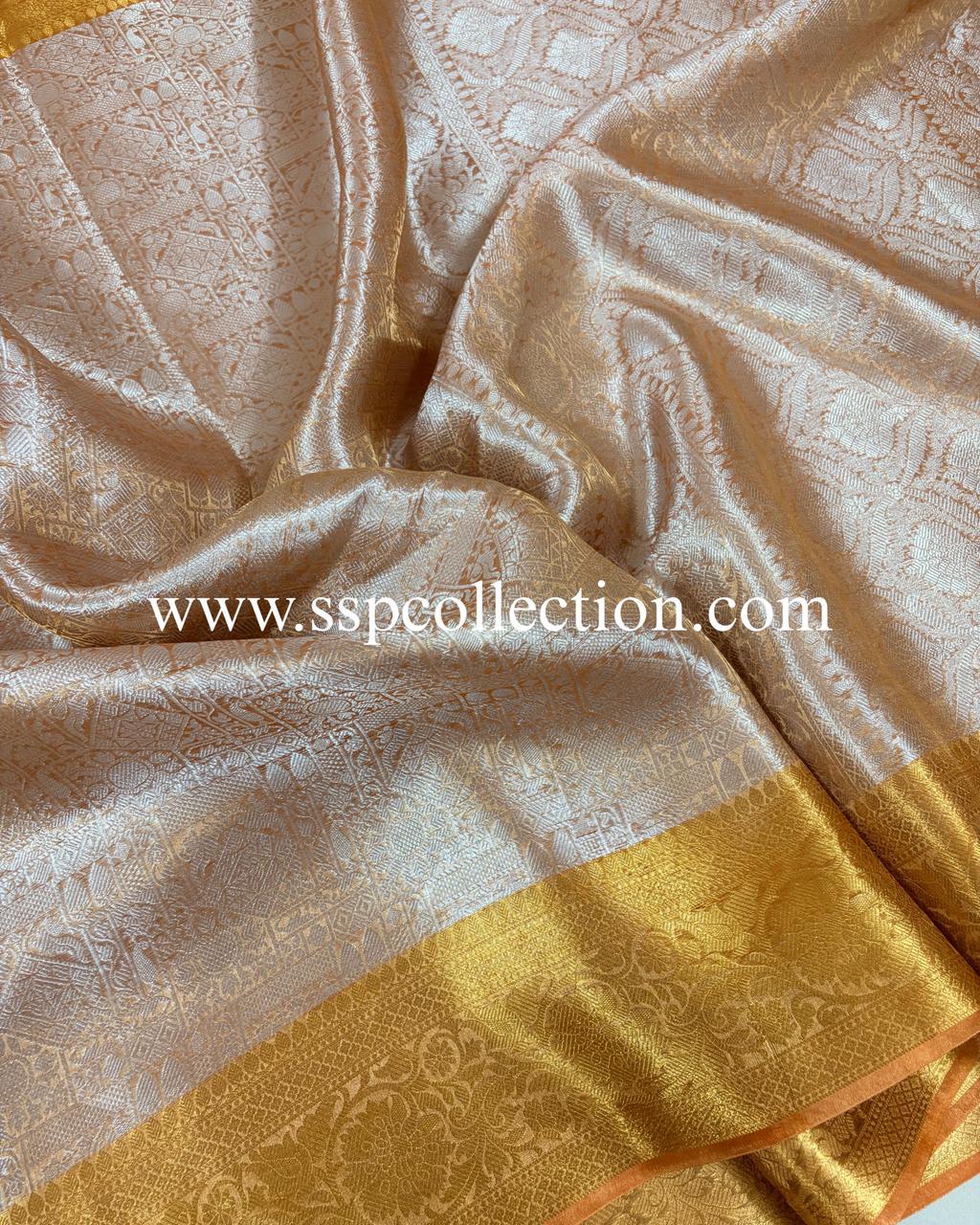 Cosmic-Orange Pure Molten Tissue Silk Brocade Banarasi Saree
