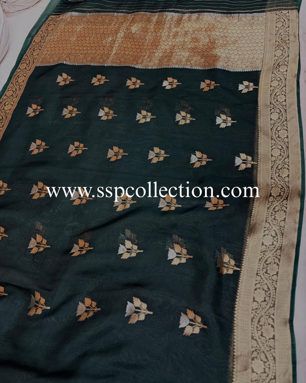 Dark-Green Pure Kora Silk Banarasi Saree