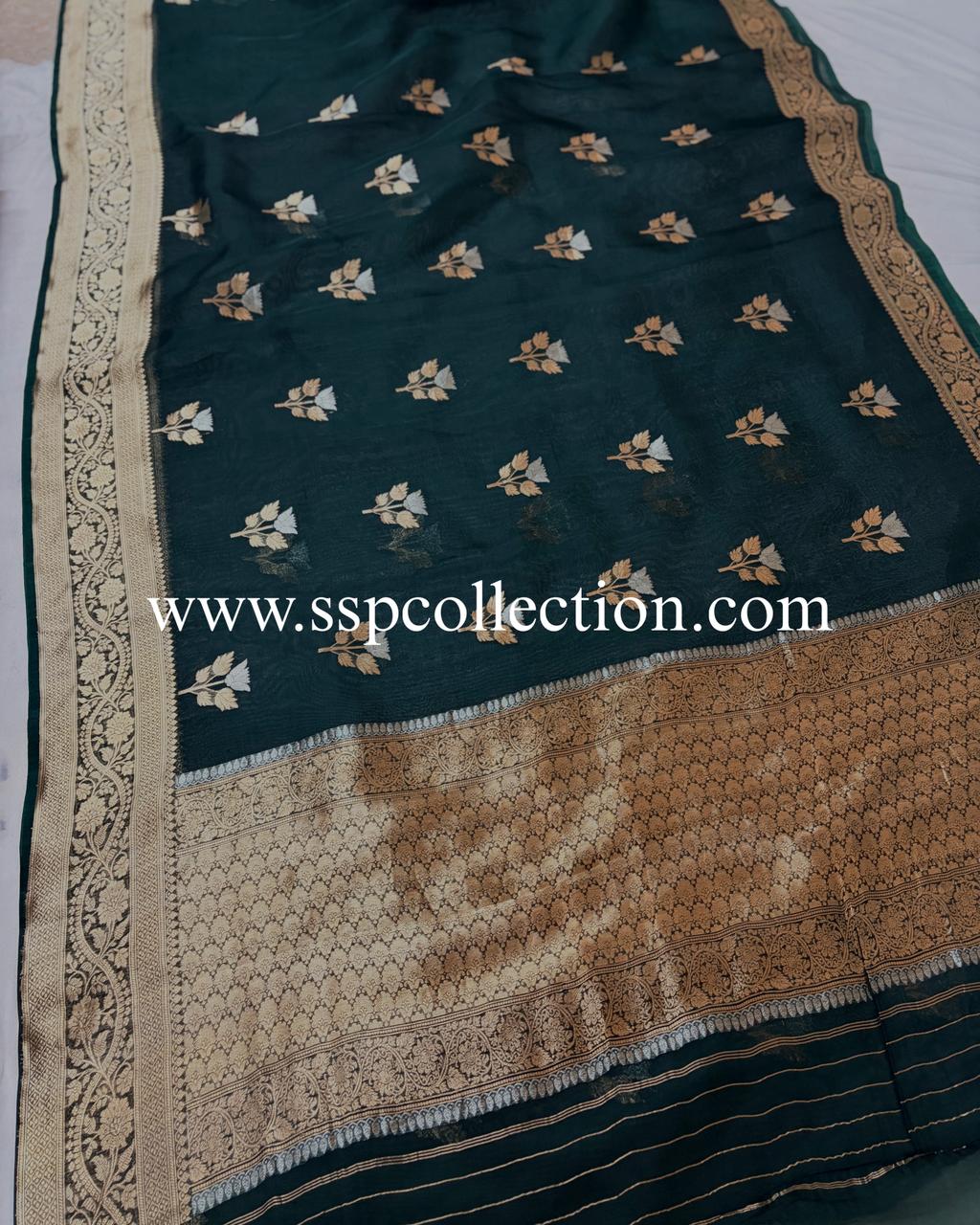 Dark-Green Pure Kora Silk Banarasi Saree