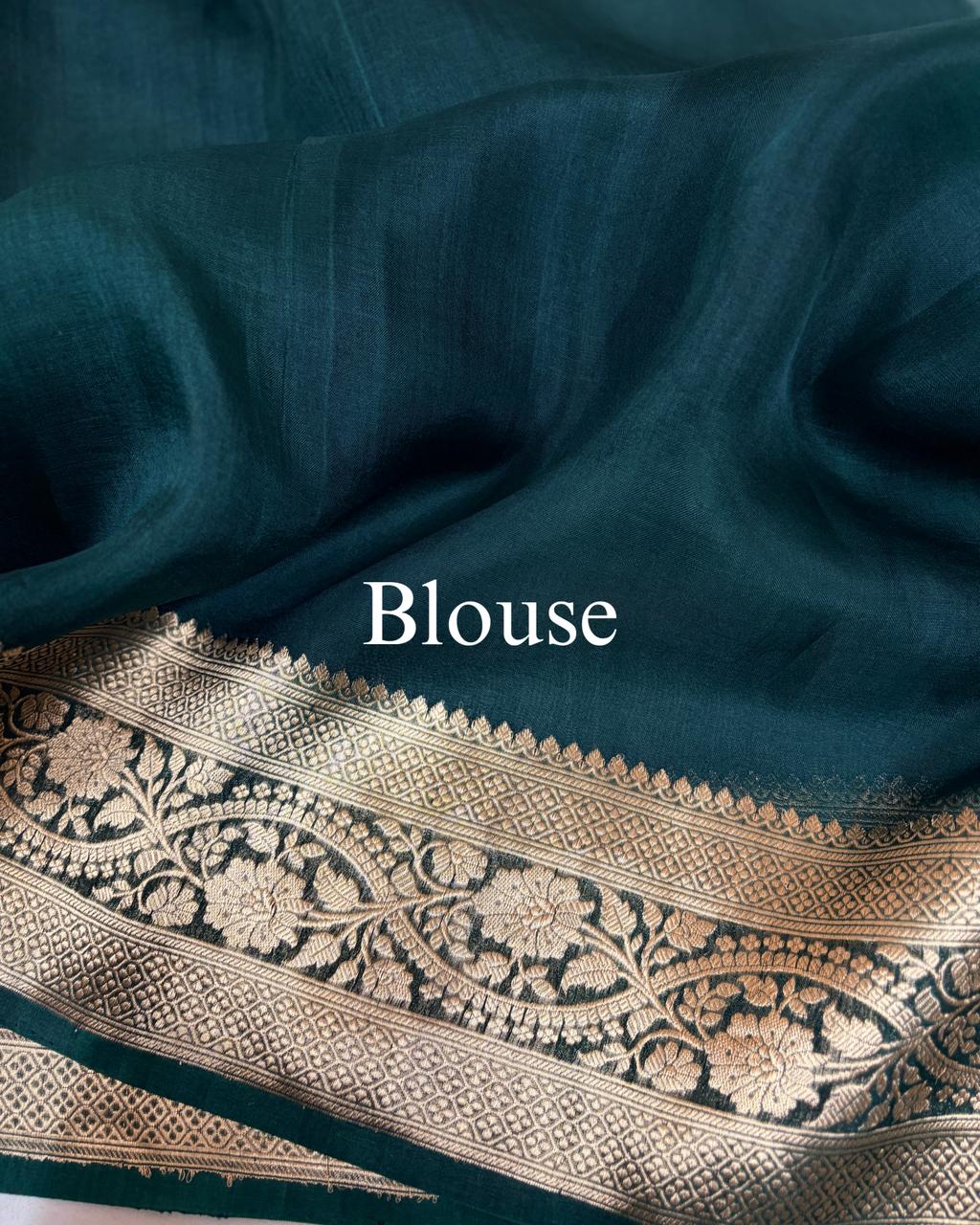 Dark-Green Pure Kora Silk Banarasi Saree