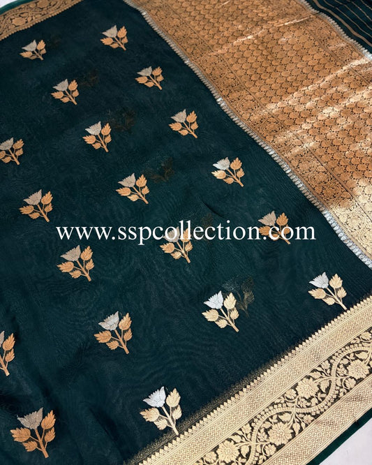 Dark-Green Pure Kora Silk Banarasi Saree