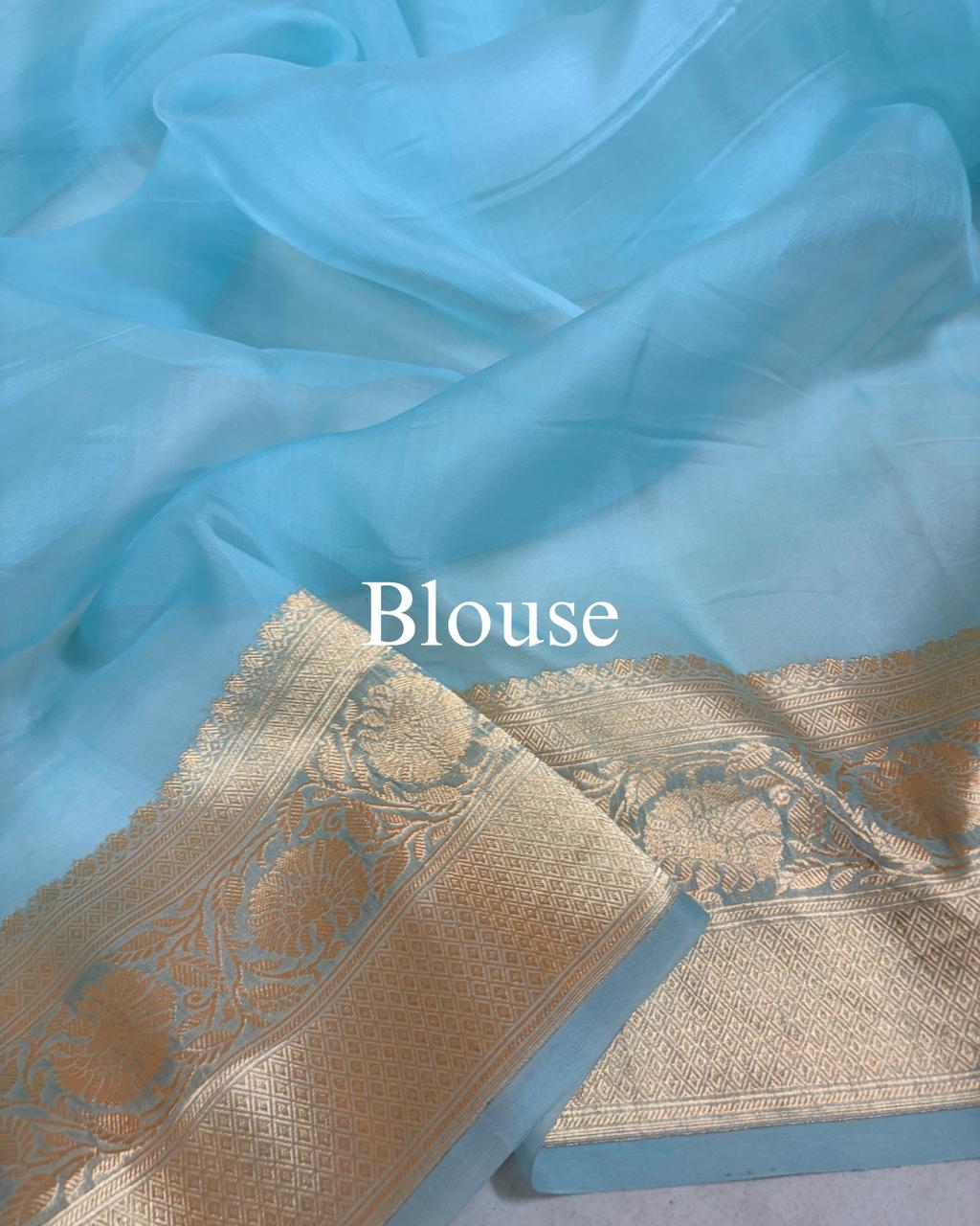 Powder-Blue Pure Kora Silk Banarasi Saree