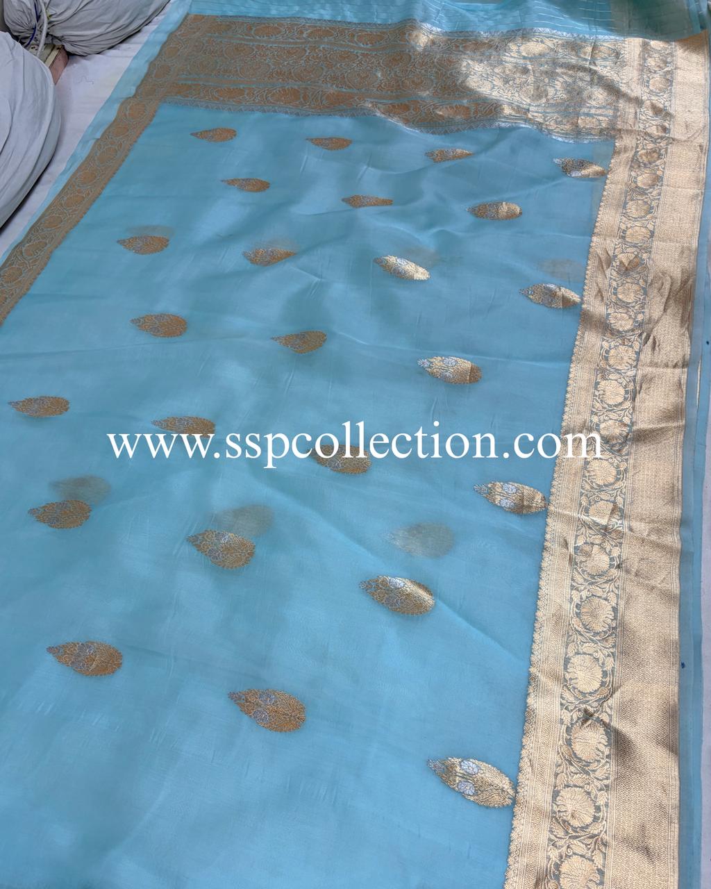 Powder-Blue Pure Kora Silk Banarasi Saree