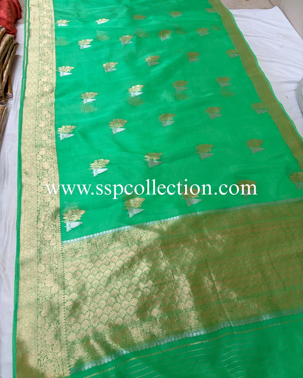 Lime-Green Pure Kora Silk Banarasi Saree