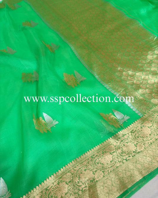Lime-Green Pure Kora Silk Banarasi Saree