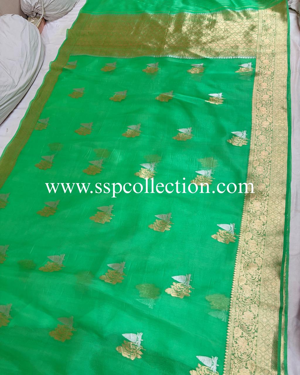 Lime-Green Pure Kora Silk Banarasi Saree