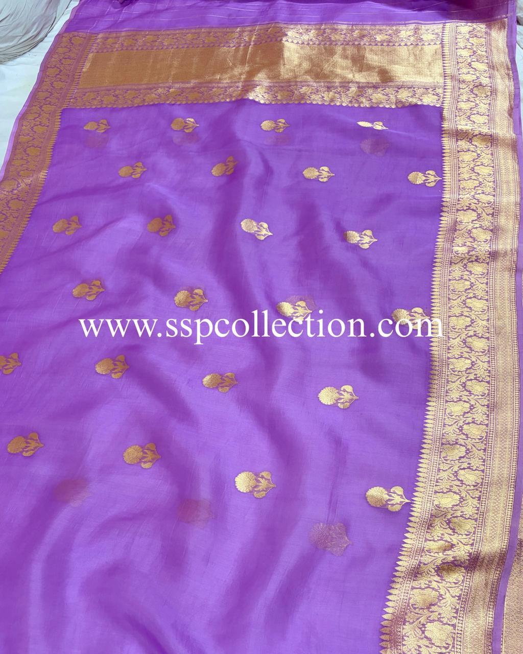 Lavender Pure Kora Silk Banarasi Saree