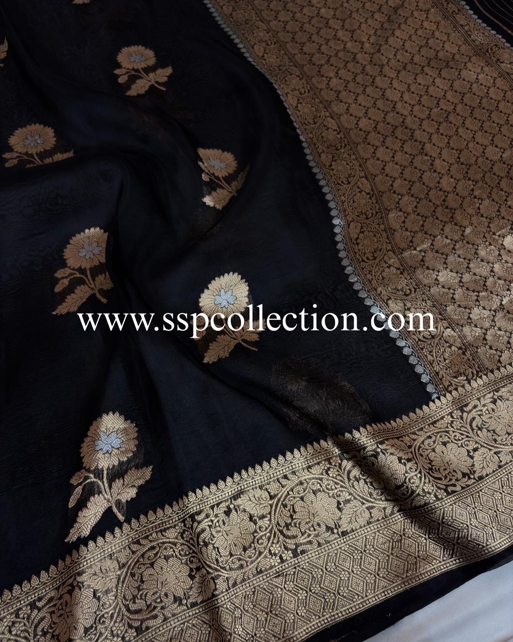 Black Pure Kora Silk Banarasi Saree