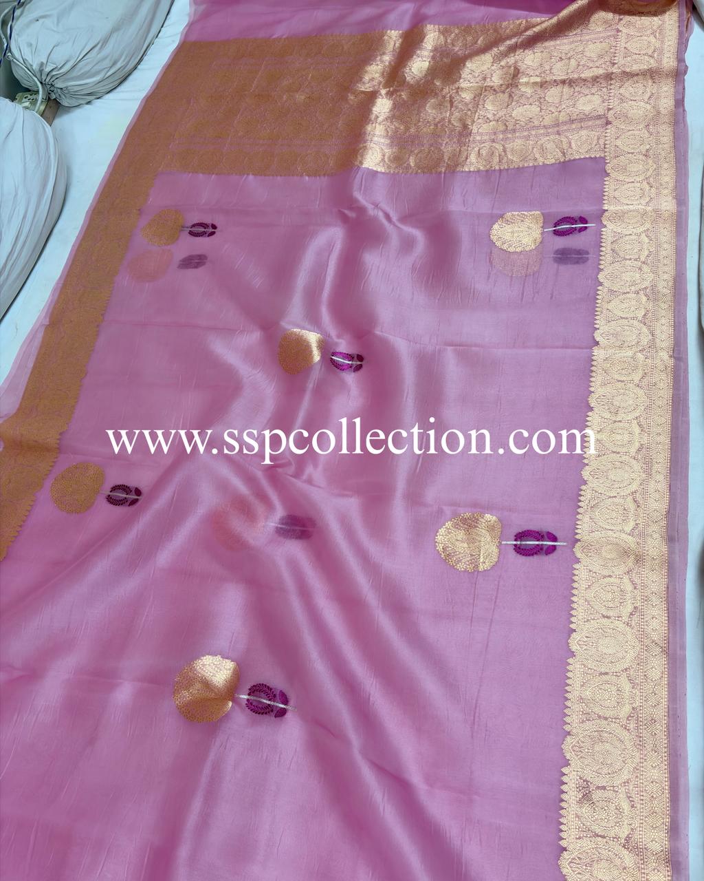 Light-Pink Pure Kora Silk Tilfi Banarasi Saree