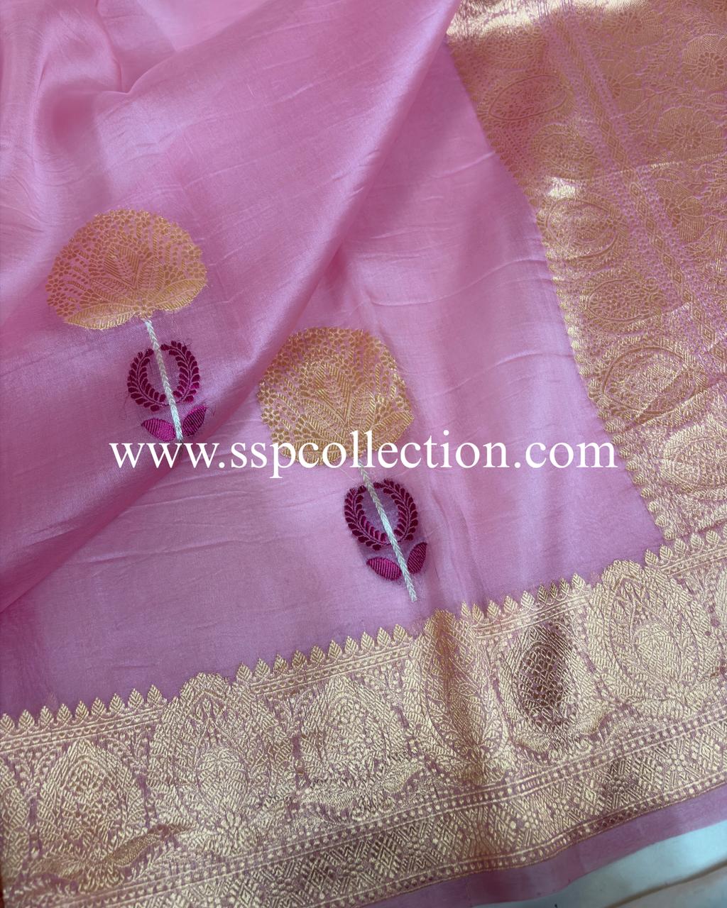 Light-Pink Pure Kora Silk Tilfi Banarasi Saree