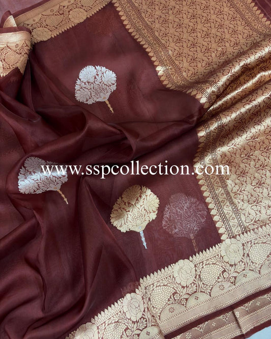 Maroon Pure Kora Silk Banarasi Saree