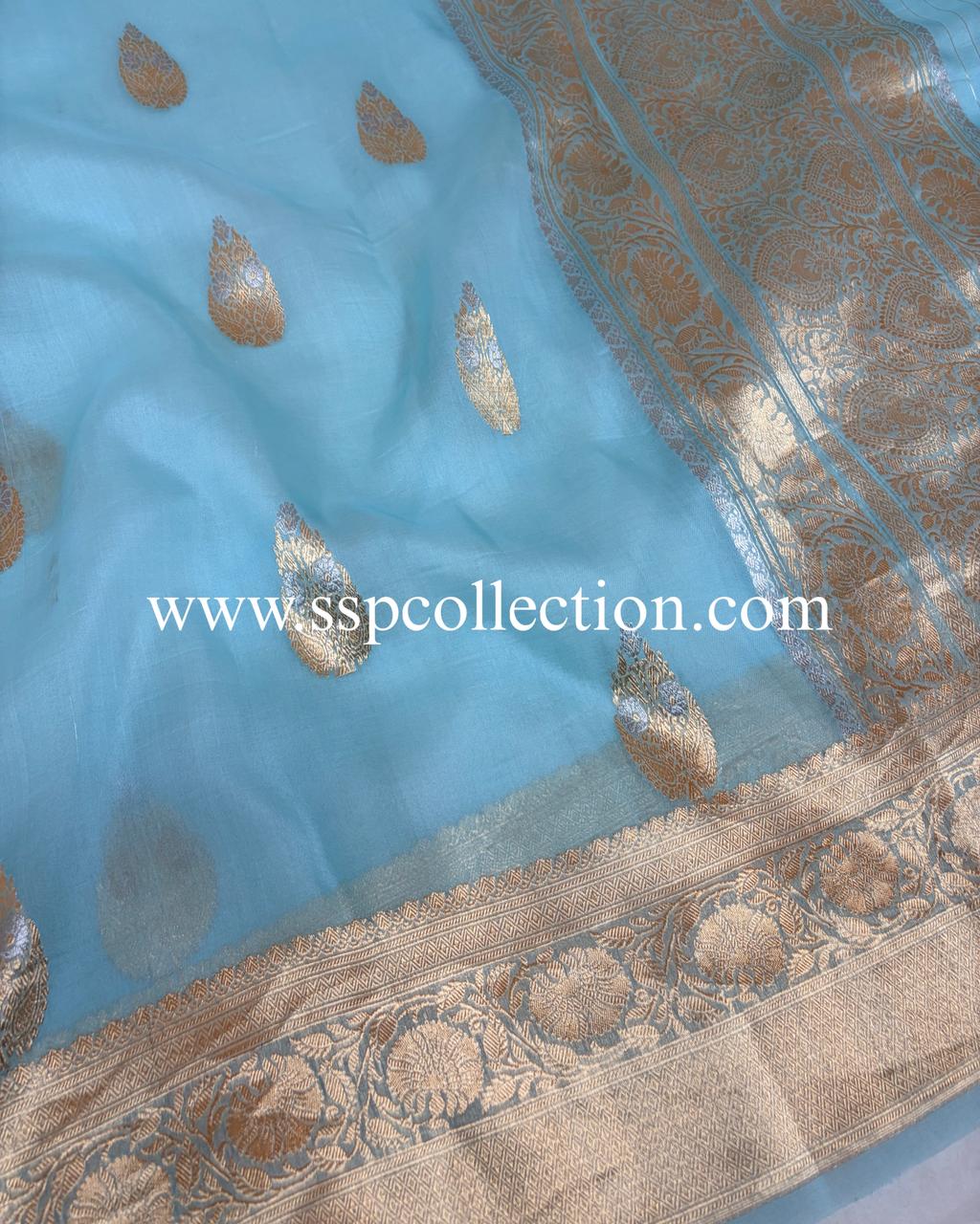 Powder-Blue Pure Kora Silk Banarasi Saree