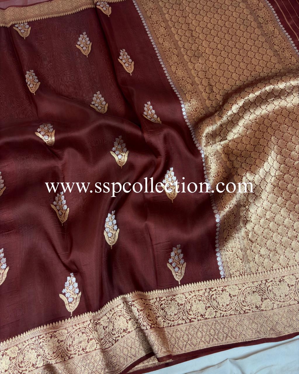 Maroon Pure Kora Silk Banarasi Saree