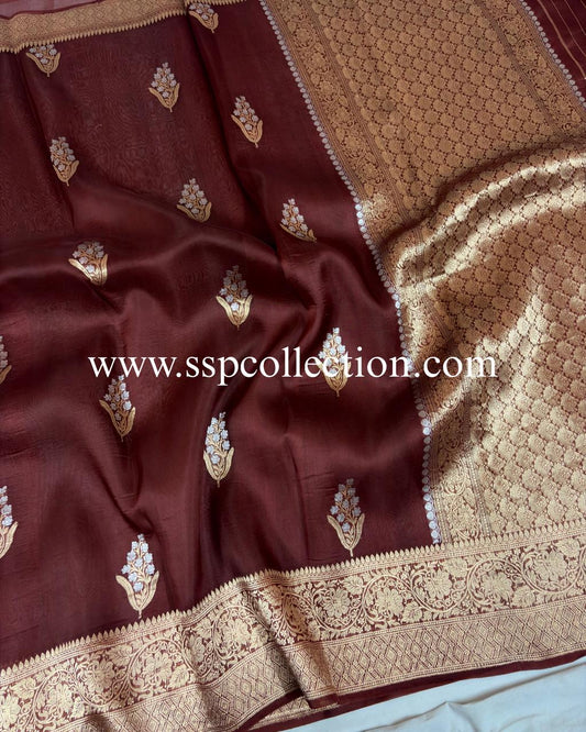 Maroon Pure Kora Silk Banarasi Saree