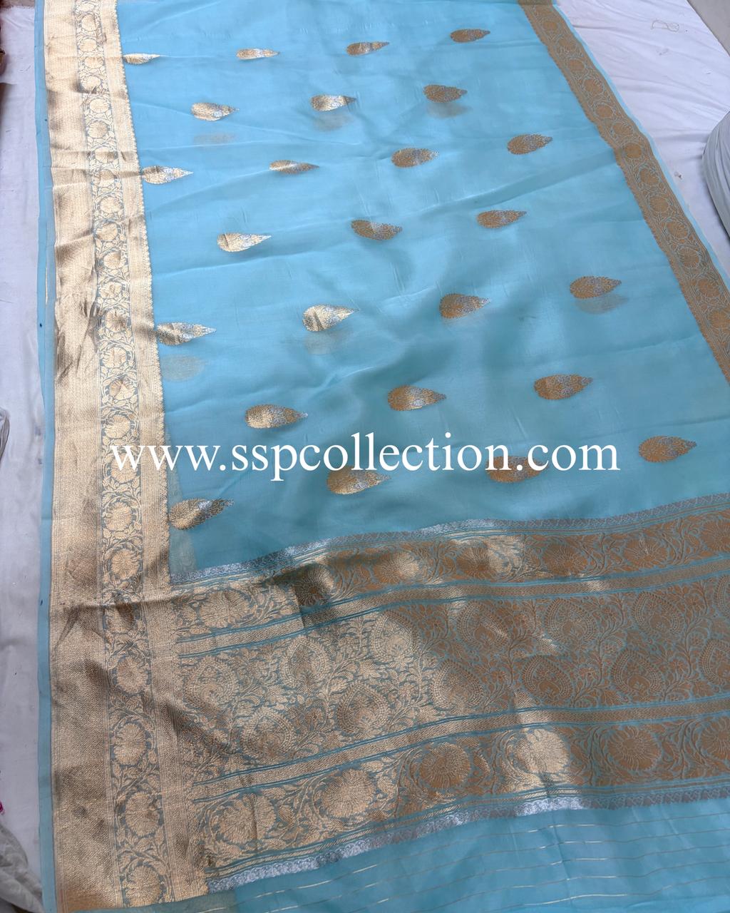 Powder-Blue Pure Kora Silk Banarasi Saree