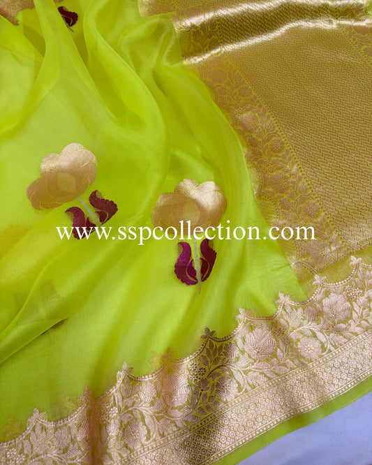 Neon-Yellow Pure Kora Silk Tilfi Banarasi Saree