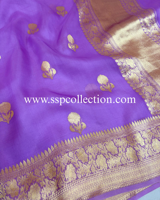 Lavender Pure Kora Silk Banarasi Saree