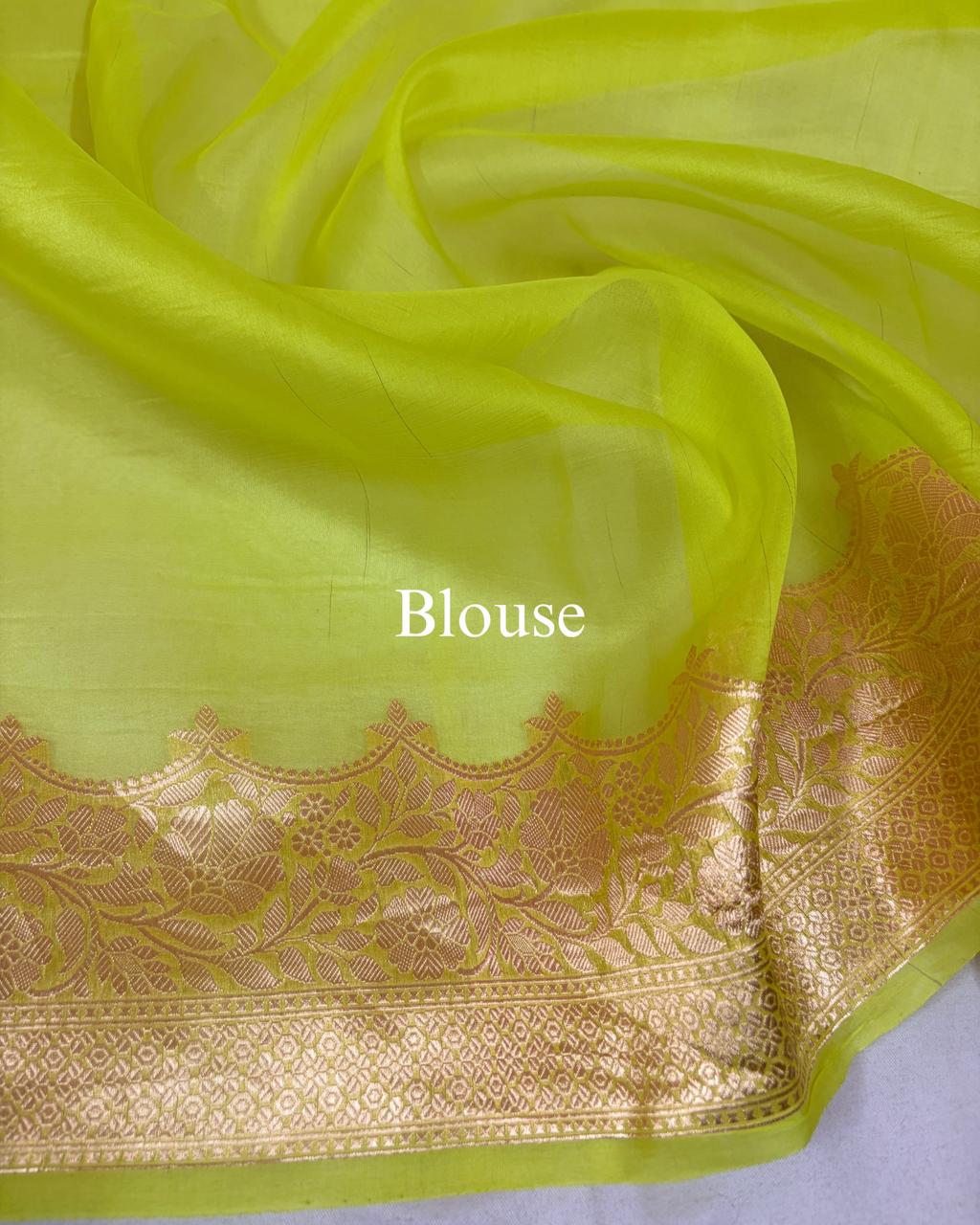 Neon-Yellow Pure Kora Silk Tilfi Banarasi Saree