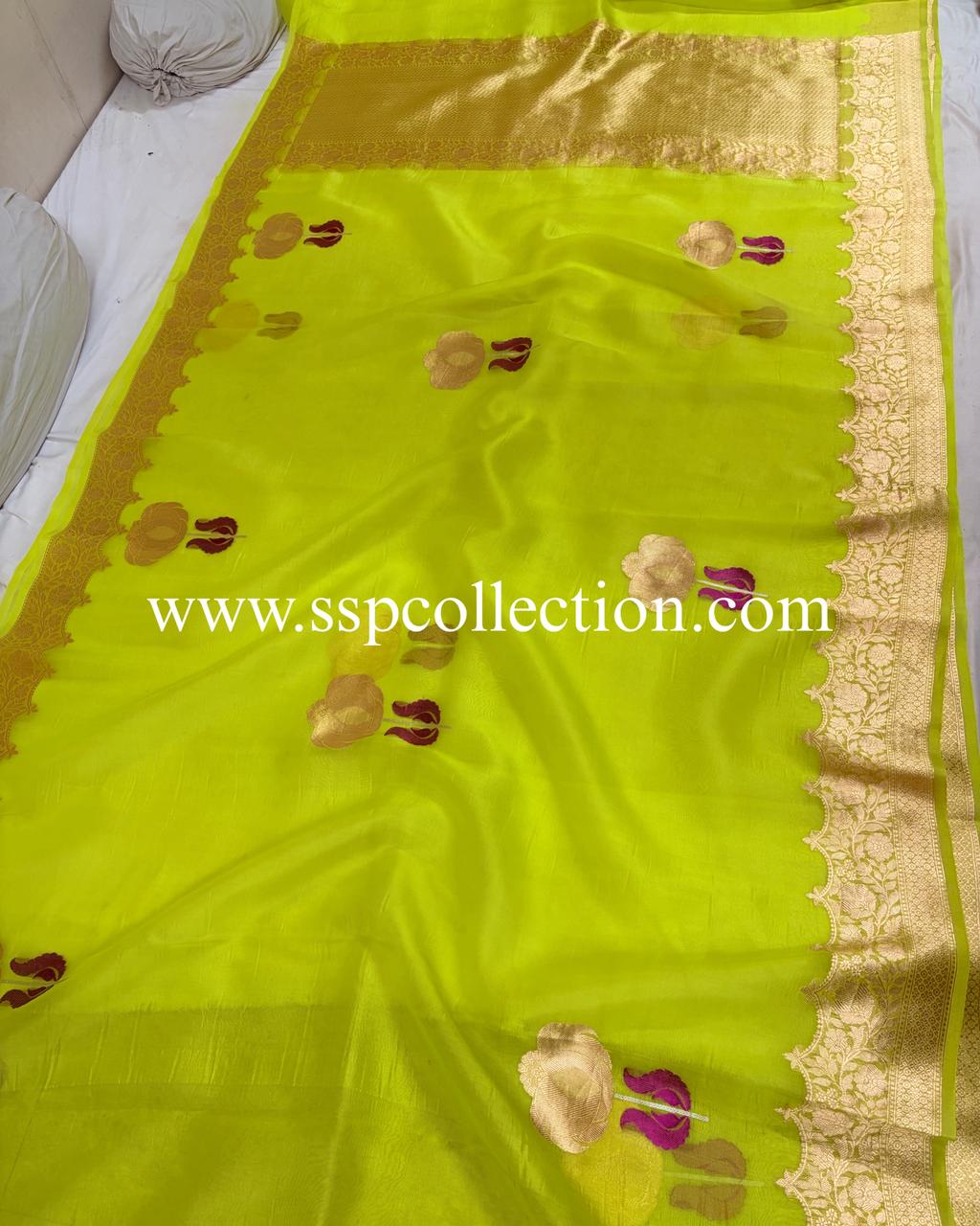 Neon-Yellow Pure Kora Silk Tilfi Banarasi Saree