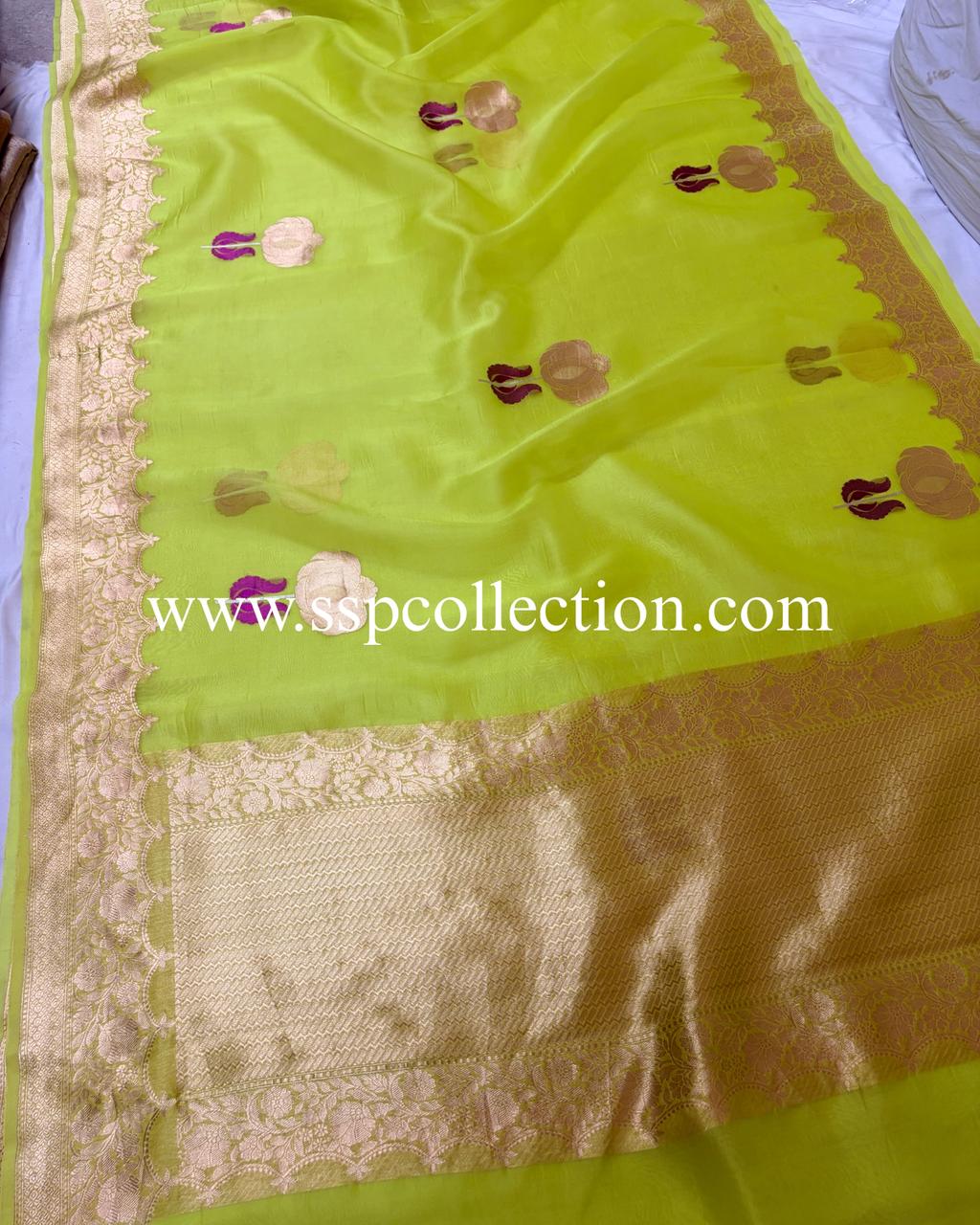 Neon-Yellow Pure Kora Silk Tilfi Banarasi Saree
