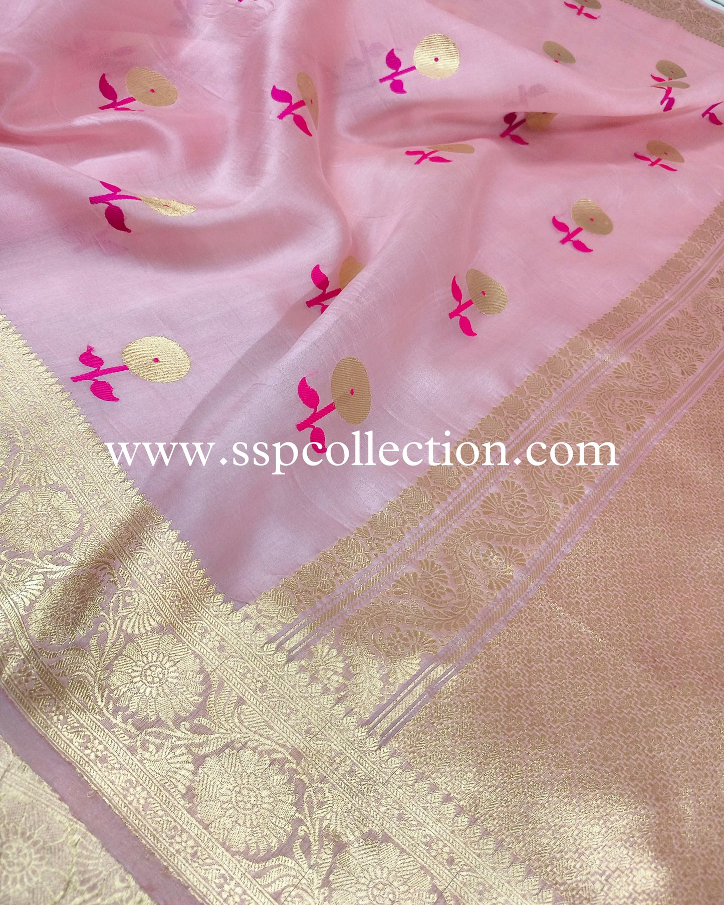 Baby-Pink Pure Kora Silk Banarasi Saree