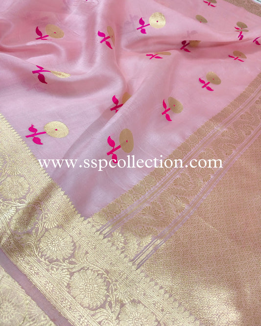 Baby-Pink Pure Kora Silk Banarasi Saree