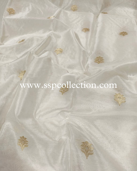 White Pure Kora Silk Banarasi Fabric