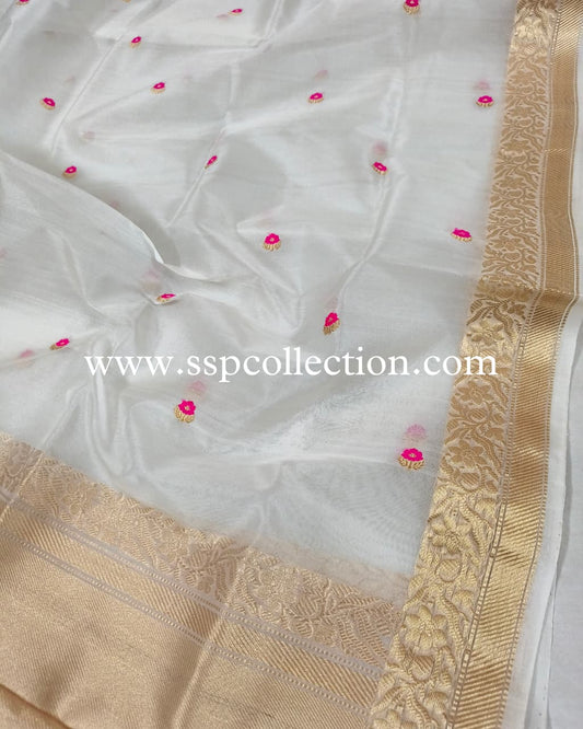 White Pure Kora Silk Meenakaari Banarasi Dupatta