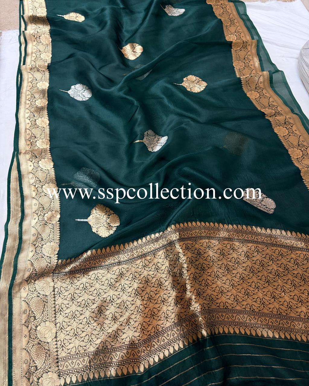 Dark-Green Pure Kora Silk Banarasi Saree