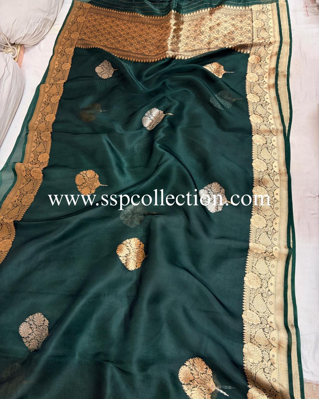 Dark-Green Pure Kora Silk Banarasi Saree