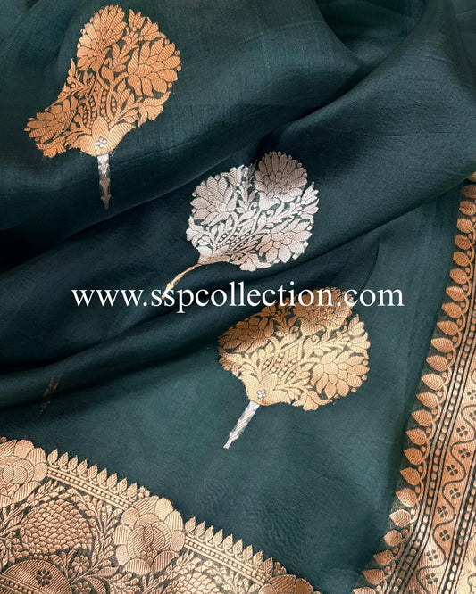 Dark-Green Pure Kora Silk Banarasi Saree