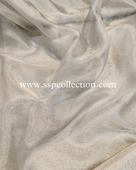 Silver Banarasi Pure Tissue Silk Plain Fabric