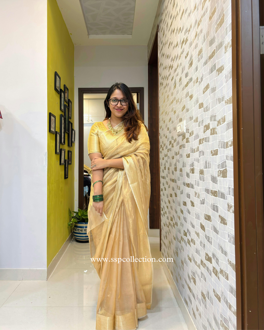 Champagne-Gold Pure Tissue Silk Banarasi Saree