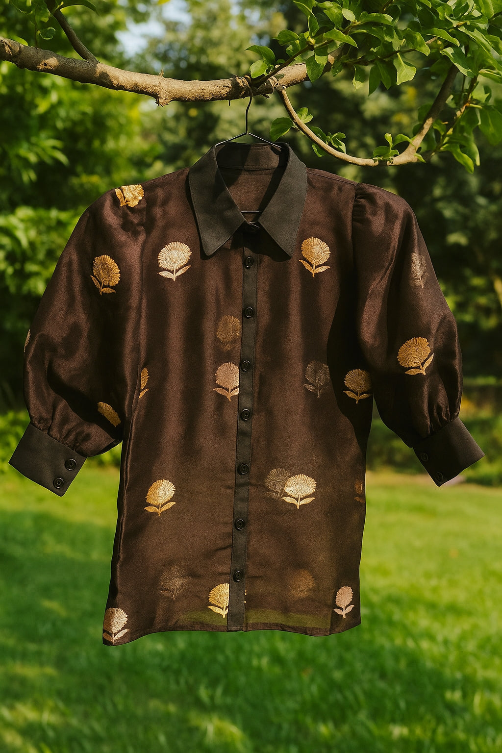 Black Banarasi Handwoven Pure Kora Silk Shirt and Cotton Pant