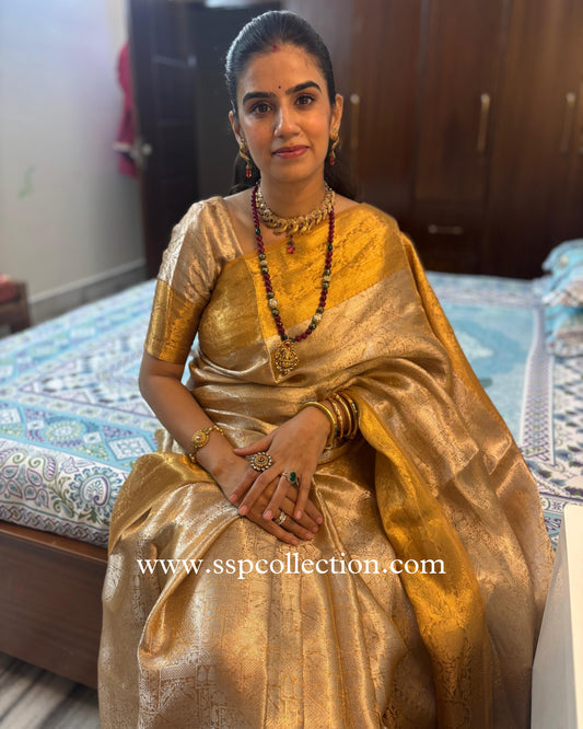 Gold Pure Tissue Silk Tanchoi Brocade Banarasi Saree