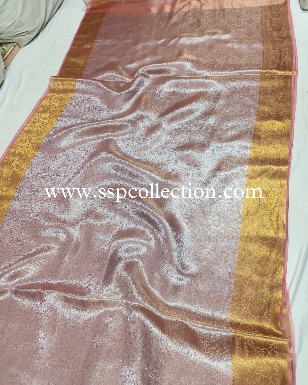Baby-Pink Pure Molten Tissue Silk Brocade Banarasi Saree